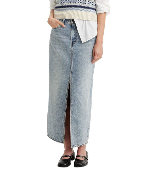 Women's Cotton Denim Front-Slit Ankle Column Skirt