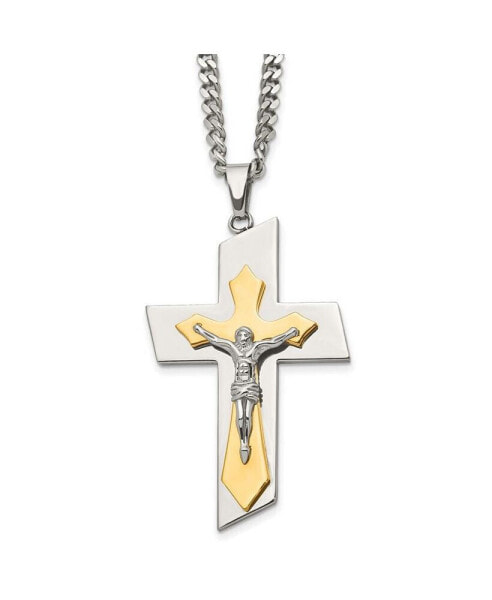 Brushed Yellow IP-plated Crucifix Curb Chain Necklace