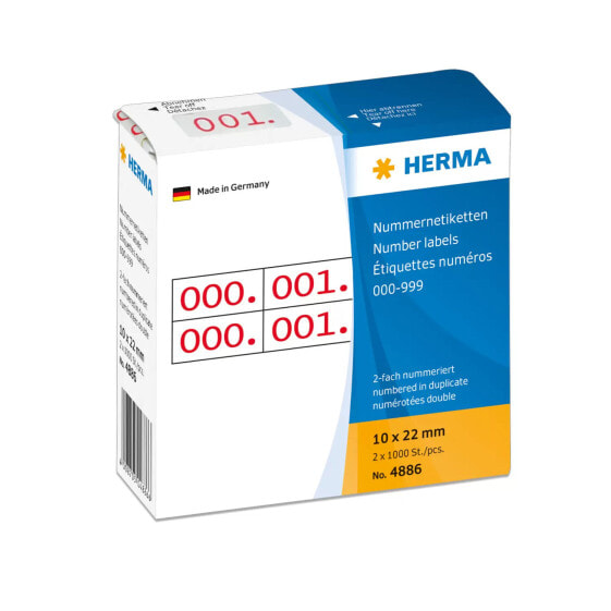 HERMA Number labels duplicate numbers self-adhesive 10x22 mm red printed - 0-999 - Red - White - Paper - Germany - 10 mm - 22 mm - 2000 pc(s)