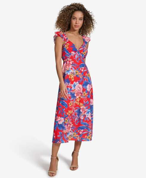 Women's Floral Back-Cutout Ruffled Sleeveless Midi Dress