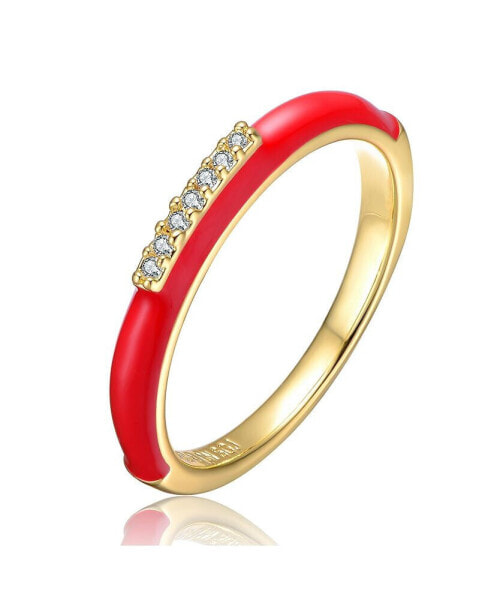 Young Adults/Teens 14k Yellow Gold Plated with Cubic Zirconia Red Enamel Slim Stacking Band Ring