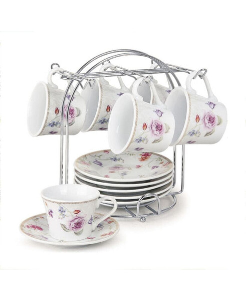 Floral Design 12 Piece 2oz Espresso Cup and Saucer Set, Service for 6