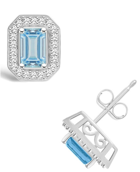 Aquamarine (1 ct. t.w.) and Diamond (1/5 ct. t.w.) Halo Studs in Sterling Silver