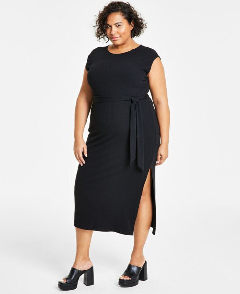 Trendy Plus Size Ribbed Cap-Sleeve Belted Dress, Created for Macy's
