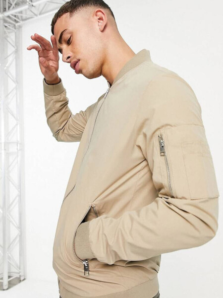 Jack & Jones Essentials bomber jacket with zip in beige