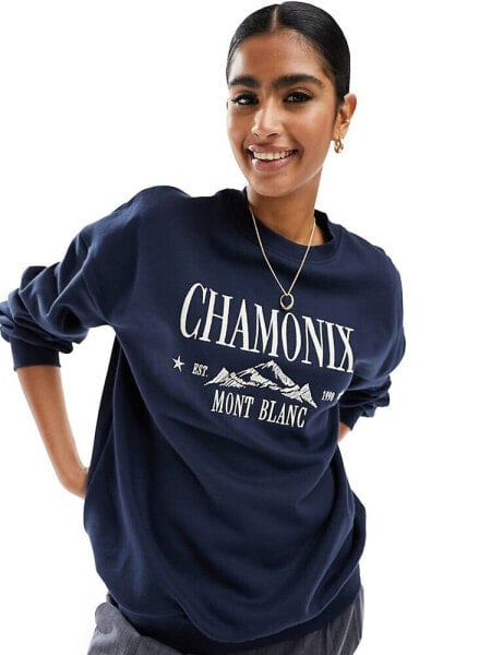 Miss Selfridge embroidered Chamonix oversized ski sweat in navy