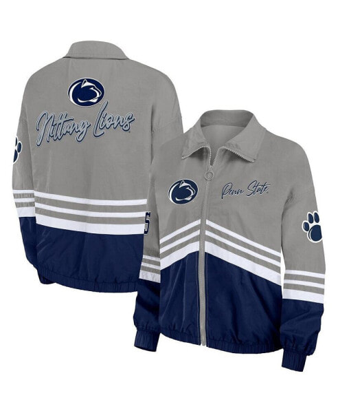 Women's Gray Distressed Penn State Nittany Lions Vintage-Like Throwback Windbreaker Full-Zip Jacket