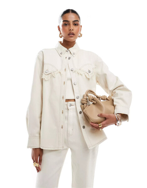 & Other Stories western denim over shirt with self-fabric fringing in off white