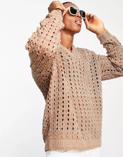 ASOS DESIGN knitted pointelle jumper in beige