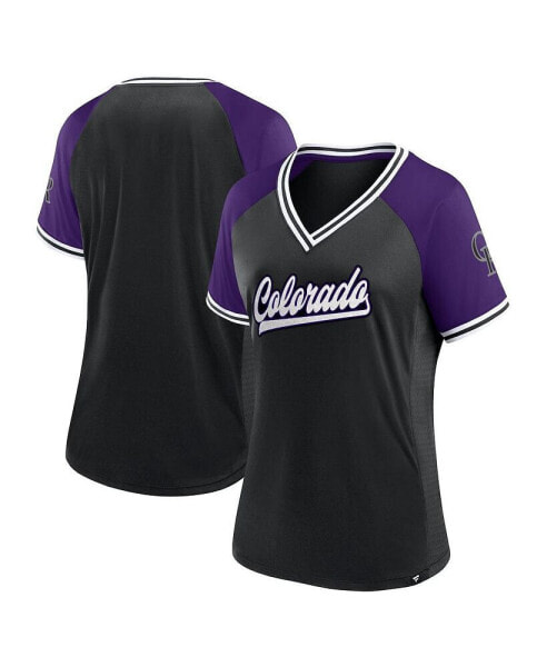 Women's Black Colorado Rockies Glitz Glam League Diva Raglan V-Neck T-Shirt