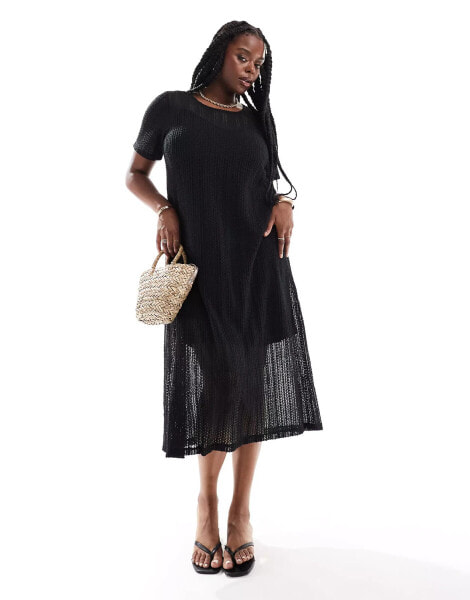 Vila Curve crochet t-shirt maxi dress in black