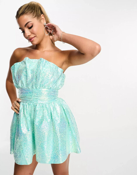 Collective the Label exclusive bandeau ruched playsuit in mint sequin