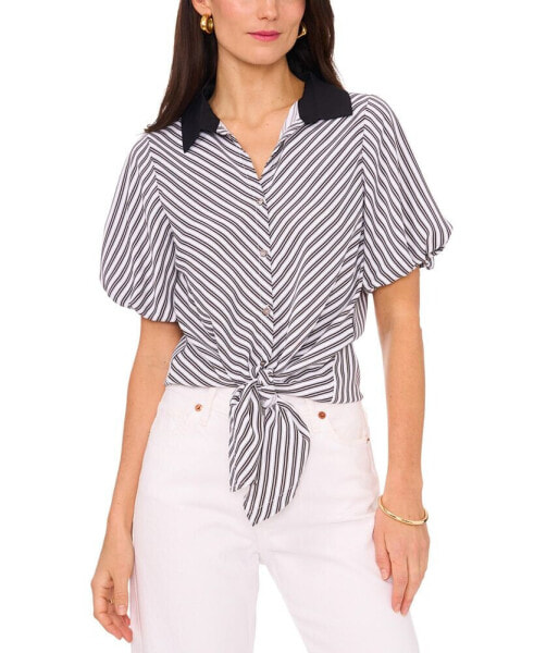 Women's Chevron-Stripe Puff-Sleeve Tie-Front Top