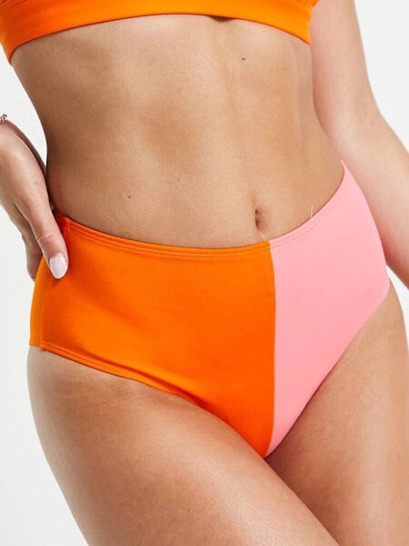 Monki colour block bikini briefs in pink and orange