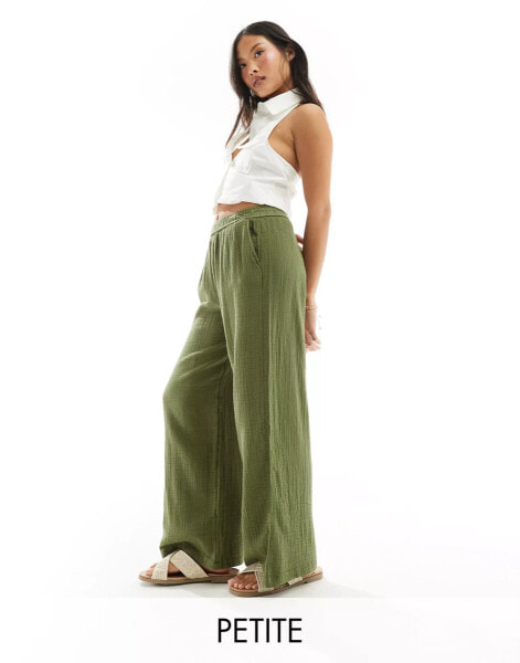 Stradivarius Petite crinkle pull on trouser in khaki