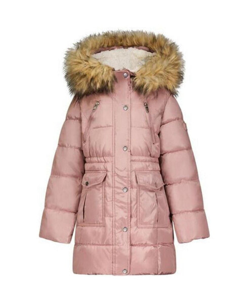 Girl's Faux Fur Trim Warm Winter Parka Coat with Cinch Waist, Kids