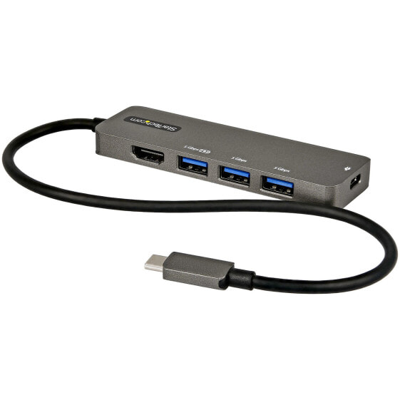 StarTech.com USB C Multiport Adapter - USB-C to HDMI 2.0b 4K 60Hz (HDR10) - 100W Power Delivery Pass-Through - 4-Port USB 3.0 Hub - USB Type-C Mini Dock - 12" (30cm) Long Attached Cable - USB 3.2 Gen 1 (3.1 Gen 1) Type-C - 100 W - 2.0b - 10,100,1000,2000 Mbit/s - IEEE