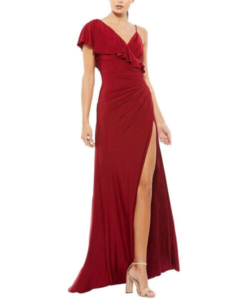 Mac Duggal Asymmetric Jersey Ruffled Cap Sleeve Gown Women's