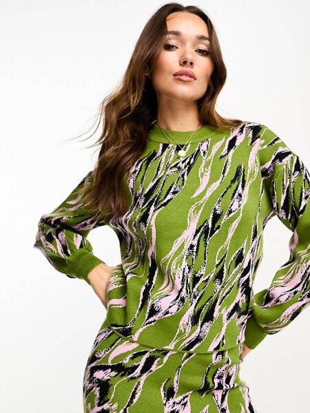 Y.A.S knitted jumper co-ord in green abstract print