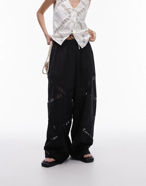 Topshop linen lace insert elasticated wide leg trouser in black