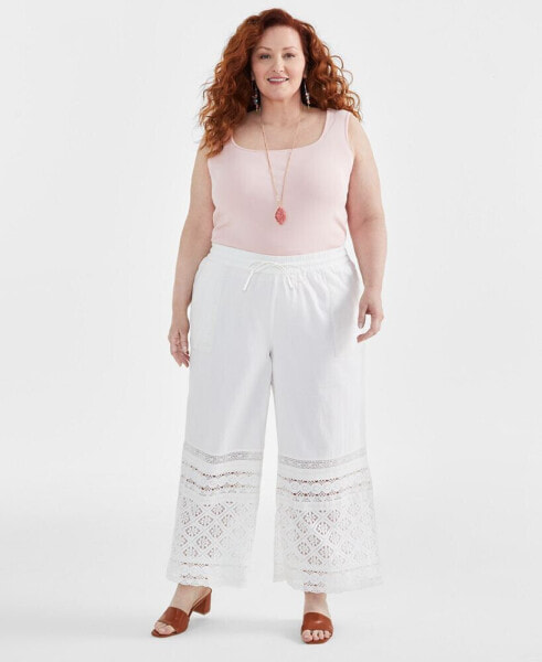 Plus Size Cotton Crochet Wide-Leg Pants, Created for Macy's