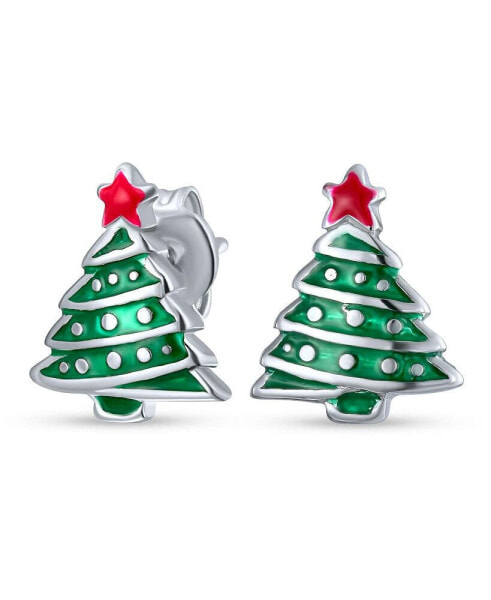 Small Fun Winter Holiday Red Star Enamel Green Christmas Tree Stud Earrings For Women Teens .925 Sterling Silver