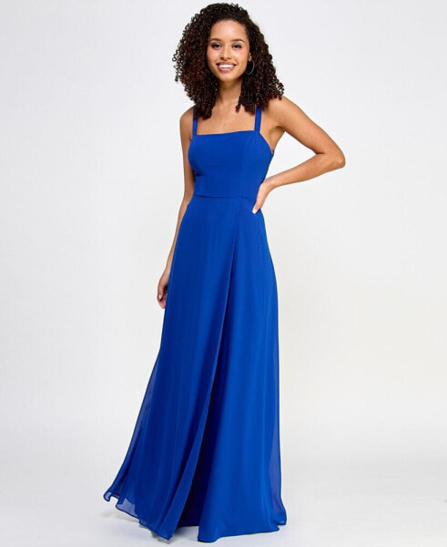 Juniors' Straight-Neck Lace-Back Chiffon Skater Gown