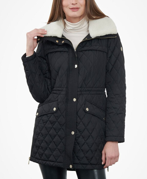 Women's Petite Faux-Fur-Collar Quilted Coat