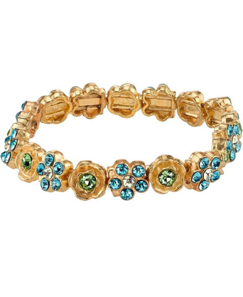 Gold-Tone Blue and Green Flower Stretch Bracelet
