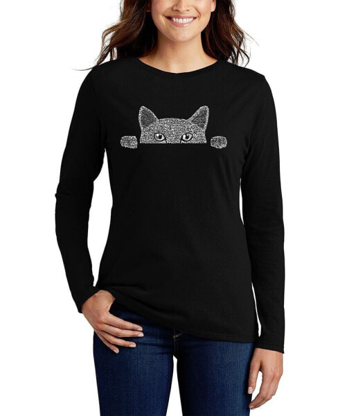 Women's Long Sleeve Word Art Peeking Cat T-shirt