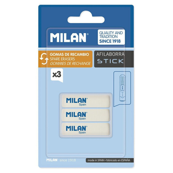 MILAN Blister Pack 3 Replacement Erasers For Stick Eraser With Pencil Sharpener