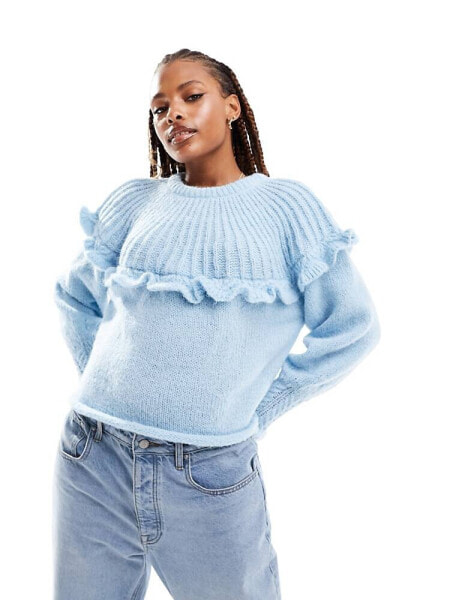 Pieces knitted frill jumper in baby blue