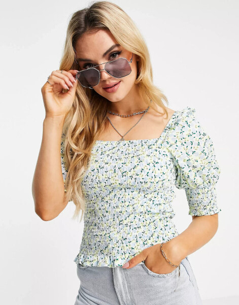 Y.A.S cotton shirred top in floral print - MULTI