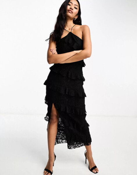 Style Cheat ruffle maxi dress with split in black lace