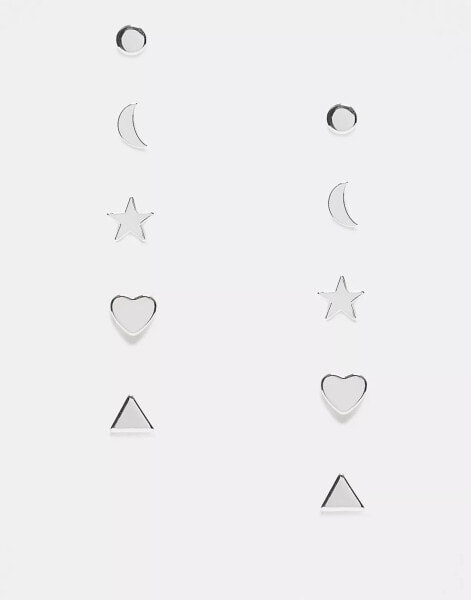 Monki 5 pack stud earrings star, moon and heart in silver