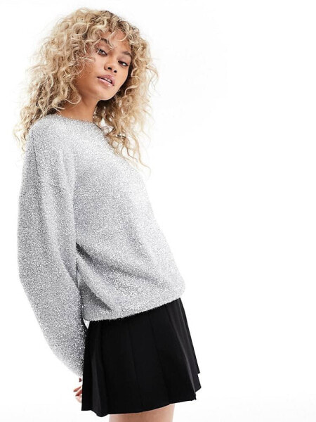 Monki metallic yarn knitted sweater in silver