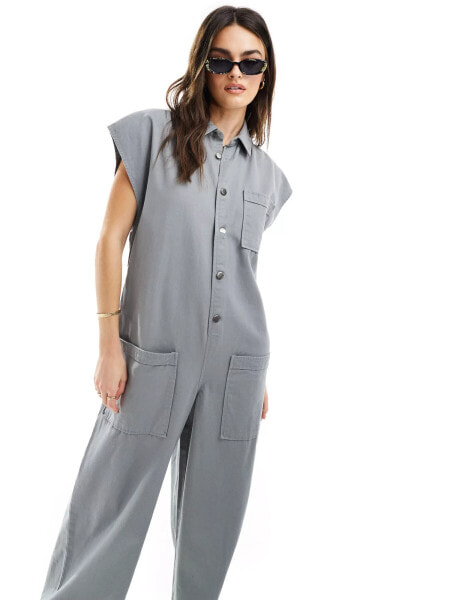 ASOS DESIGN grown on sleeve boiler suit with dropped pockets in dusky blue