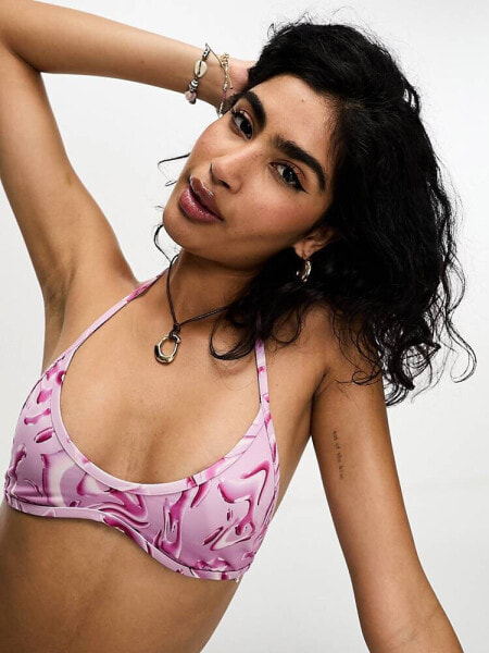 Weekday Jet halter bikini top in pink ripple print exclusive to ASOS