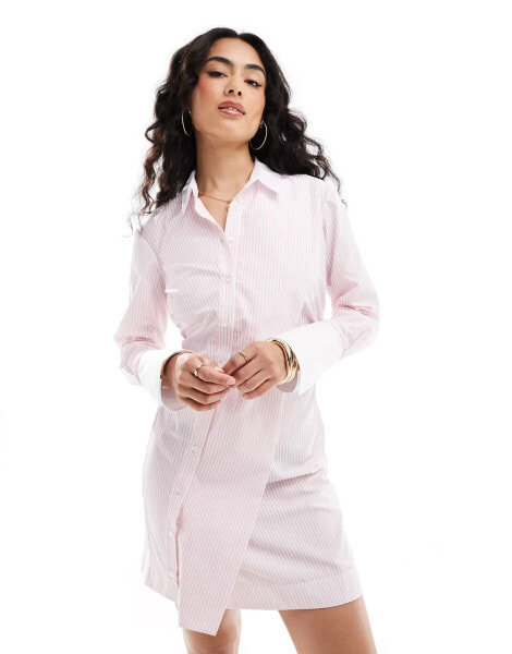 ASOS DESIGN mini shirt dress with side ruching detail and contrasting collar in pink and white stripe