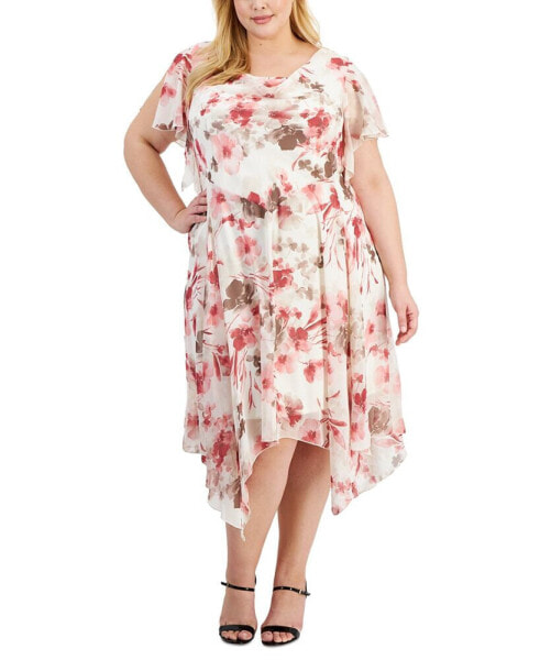 Plus Size Floral Flutter-Sleeve Hankie-Hem Dress