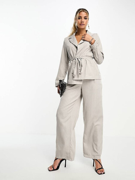 Vero Moda pinstripe relaxed belted blazer co-ord in grey 