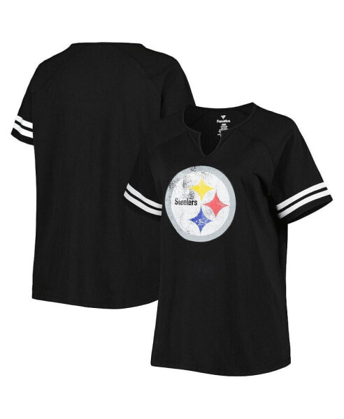 Women's Black Pittsburgh Steelers Plus Size Logo Striped Raglan Notch Neck T-shirt