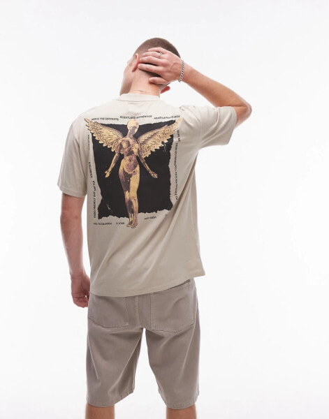 Topman oversized fit t-shirt with Nirvana angel front and back print in washed stone