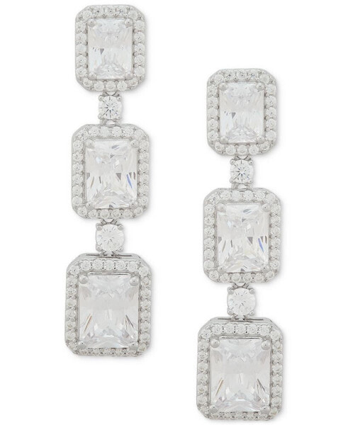 Cubic Zirconia Graduated Square Halo Linear Drop Earrings in Sterling Silver