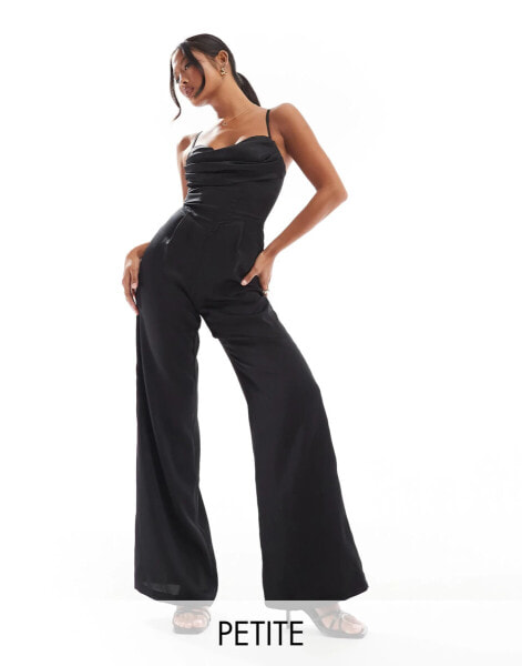 Jaded Rose Petite satin corset jumpsuit in black