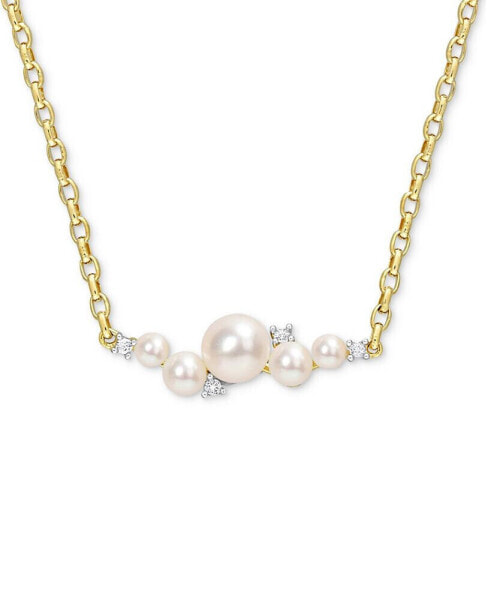 Cultured Freshwater Pearl (3 - 6-1/2mm) & White Topaz (1/8 ct. t.w.) Cluster Bar 18" Pendant Necklace in 18k Gold-Plated Sterling Silver