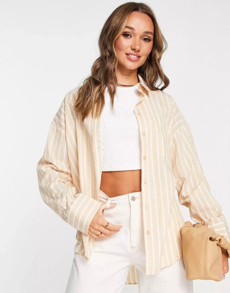 ASOS DESIGN oversized dad shirt in camel stripe