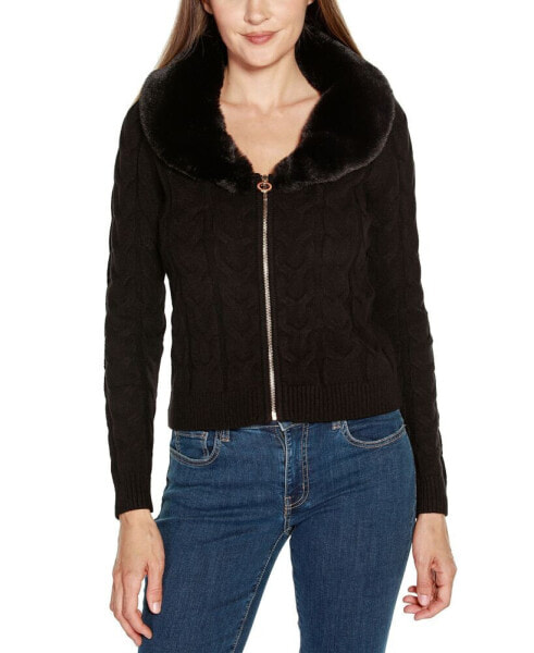 Black Label Women's Faux Fur Collared Cable Cardigan Sweater