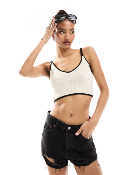 In The Style knitted crop top co-ord with contrast trim in cream