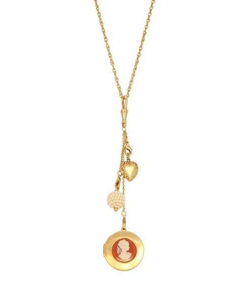 2028 women's Gold Tone Carnelian Cameo Round Locket with Charms Necklace